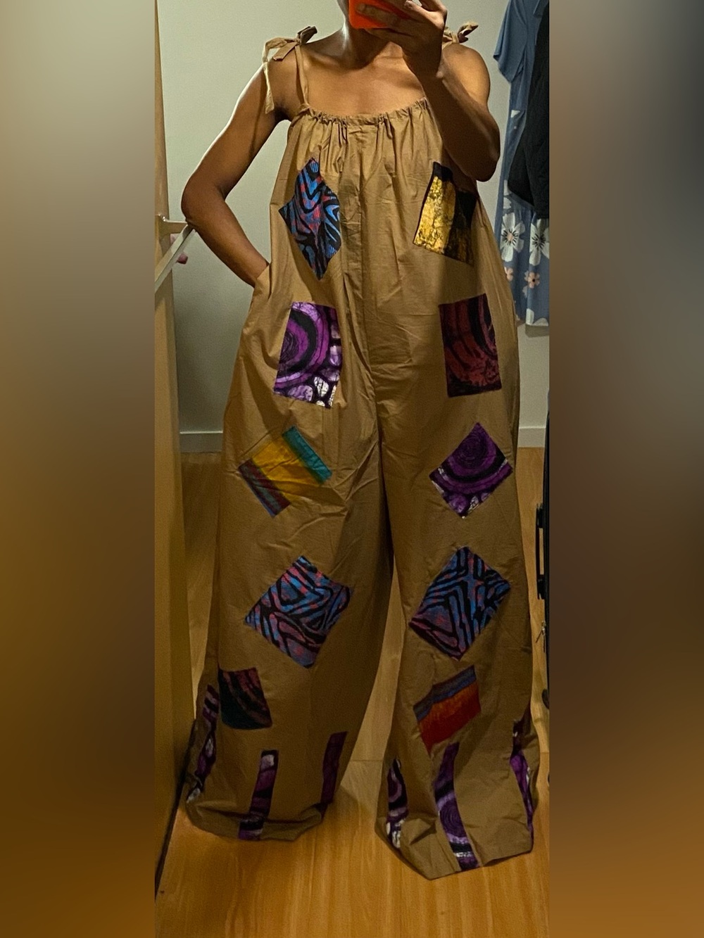 Handmade Wide-Leg Patchwork Jumpsuit in Brown and Colorful Ankara patches